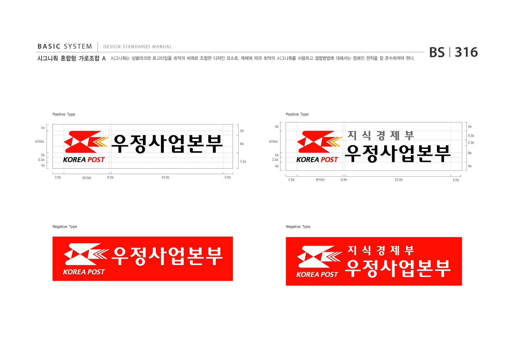 BASIC SYSTEM  DESIGN STANDARDS MANUAL  시그니춰 혼합형 가로조합 A  시그니춰는 심벌마크와 로고타입을 최적의 비례로 조합한 디자인 요소로, 매체에 따라 최적의 시그니춰를 사용하고 결합방법에 대해서는 정해진 원칙을 잘 준수하여야 한다.  BS I 316  Positive Type 3a 4a 5a  Positive Type 4a 4.3a  A(10a)  8a  A(10a)  2.3a 8a  2a 2.2a 3a 2.5b 0.5b 24.5b 2.5b  7.2a  2a 2.2a 4a  4a  B(10b)  2.5b  B(10b)  0.5b  23.2b  2.5b  Negative Type  Negative Type